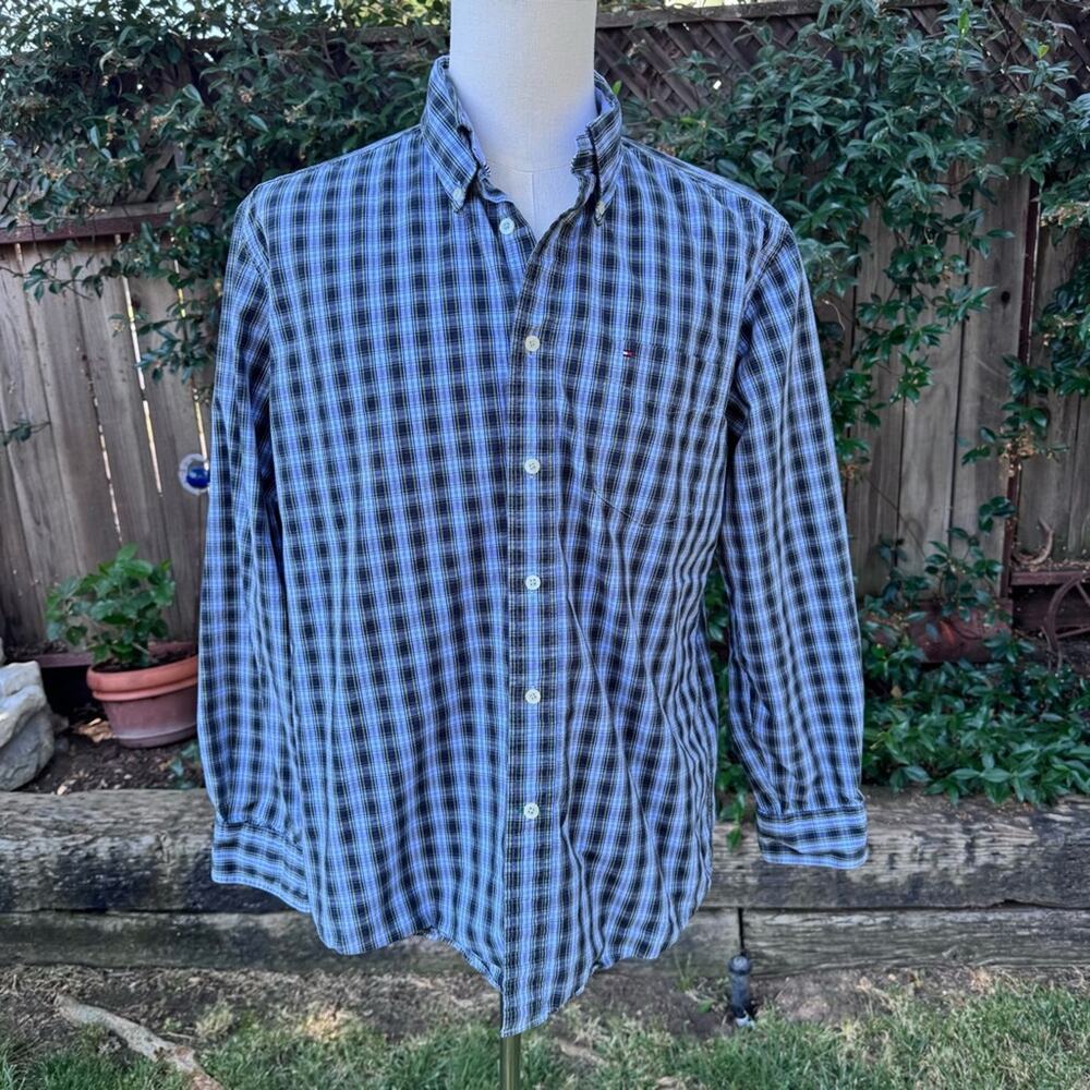 Tommy Hilfiger Blue Checkered Casual Button-Up Shirt Men's Size Large